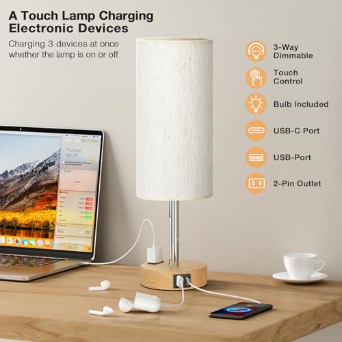Fenmzee Bedside Table Lamp for Bedroom - Dimmable Touch, USB A+C, AC Outlet - color: Cream Shade-Wood Base, size: 14"