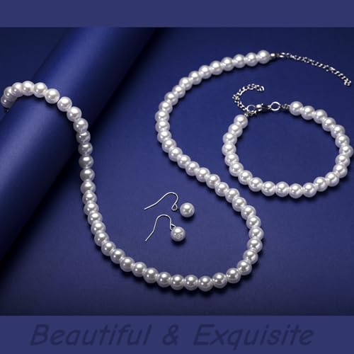 Pearl Bride Wedding Jewelry Set Faux Pearls Crystal Rhinestone Necklace Earrings Bracelet Sets for Women Bridesmaid(3 PCS) - color: Milky White - Pearl Choker