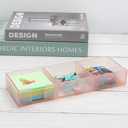 Pink Sticky Note Holder for Desk Acrylic Pink Paper Clip Holder Clear Sticky Notes Organizer 3 Grids Memo Note Pads Storage Container Notepad Dispenser for Cute Desktop Accessories