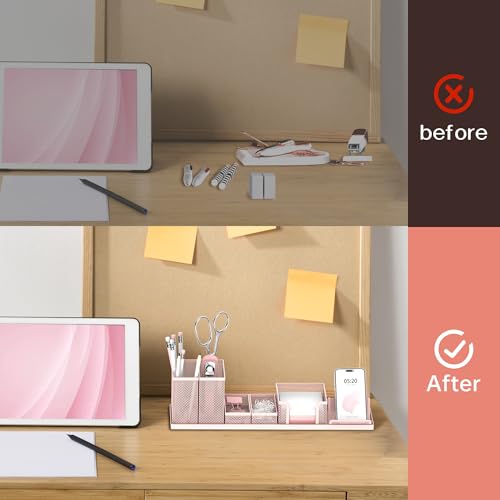 Pen Holder for Desk, 6-Piece Mesh Desk Organizer with Phone Holder, Pink - color: Pink