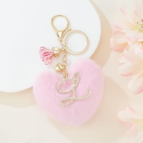 Initial Letter Heart Pom Pom Keychain for Women Pink Soft Fluffy Ball Key Ring for Purse Backpack Handbag - color: L