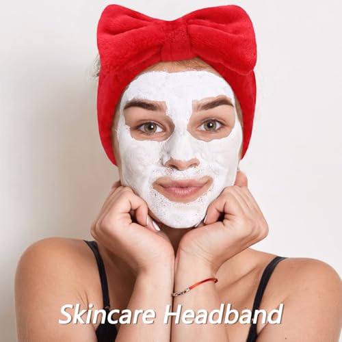 VELSCRUN Spa Headbands for Wash Face, Makeup Headband, Facial Skincare Headbands, 5 Pcs Red Puffy Sponge Spa Headband Bow Tie Hair Band Hair Clips Wristband Set Women Girls Accessories - color: Red