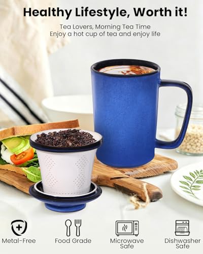 Ceramic Tea Mug with Infuser and Lid,16oz Porcelain Loose Leaf Tea Cup with Large Handle,Metal-Free Filter,Microwave &Dishwasher Safe,Perfect for Tea,Coffee (Vintage Blue) - color: Vintage Blue