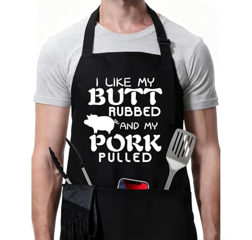 Rosoz Funny BBQ Black Chef Aprons for Men, Grill Kitchen Cooking Aprons - color: I Like My Butt Rubbed and My Pork Pulled