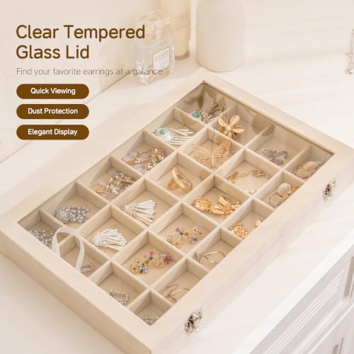 Frebeauty 24 Grid Earring Organizer,Velvet Jewelry Tray with Clear Lid - color: Beige, size: 24 Grid
