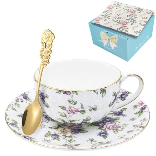 Tea Cups and Saucers, 6.7 OZ Floral bone china Coffee Cup Set with Spoon, Vintage Garden Teacups with Gold Trim, Tea Cups in a Reusable Handmade Gift Box with Ribbon elegant design ﻿ (Purple Anemone) - color: Purple Anemone