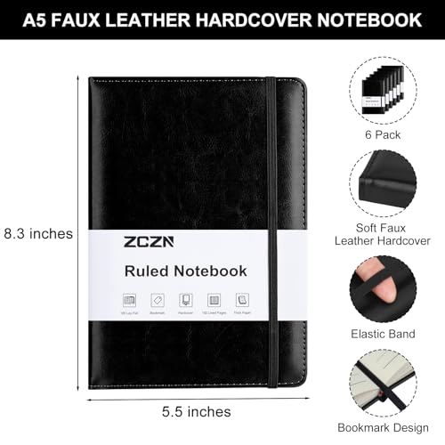 ZCZN 6 Pack Lined Journal Notebooks for Work, A5 Hardcover Journals, Black - color: Black