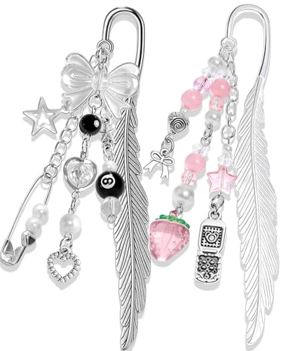 Buleens 2 Pack Bookmarks for Women Reading - Book Marks for Readers Book Lovers, Cute Y2K Pink Bow Strawberry Personalized Metal Bookmark with Pendants, Pretty Aesthetic Book Accessories Reading Gifts - color: Sliver Y2k Bow