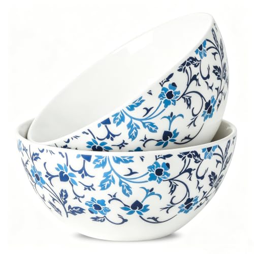Large Soup Bowls Set of 2, Vintage Blue and White Floral Bowls,7 inch - color: White 1