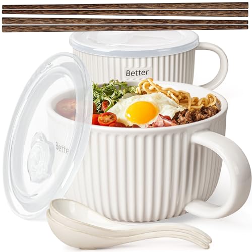 Artena 38 oz Soup Bowls with Handles, Lids, Spoons & Chopsticks – 6 Inch Large Microwave Safe Ceramic Ramen Bowls, Soup Mugs & Cereal Bowls for Instant Noodles, Oatmeal, Meal Prep (White-Set of 2) - color: White - Set of 2