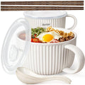 Artena 38 oz Soup Bowls with Handles, Lids, Spoons & Chopsticks – 6 Inch Large Microwave Safe Ceramic Ramen Bowls, Soup Mugs & Cereal Bowls for Instant Noodles, Oatmeal, Meal Prep (White-Set of 2) - color: White - Set of 2