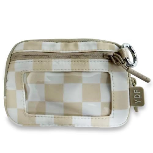 YDF The Iris Wallet for Women Mini Zip Card Case with Clear ID Window Zipper Coin Purse Lightweight Portable Keychain Wallet (Beige Checkerboard) - color: Beige Checkerboard
