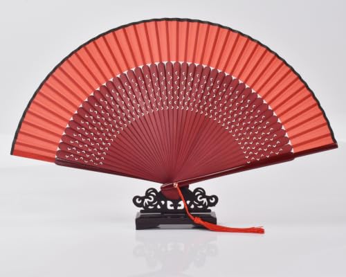 8.27" Top Green Bamboo Silk Folding Fan, Traditional Chinese/Japanese Handheld Fan for Daily Use, Decor & Gift (Rose red Silk Hand Fan+Case 1p) - color: Rose red Silk Hand Fan+Case 1p
