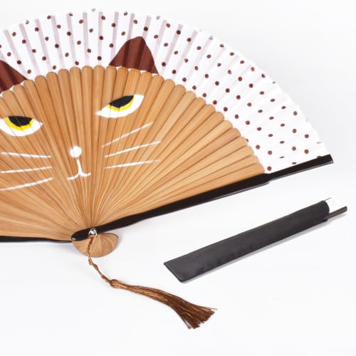 8.27" Hand Held Bamboo Silk Folding Fan, Foldable Small Hand Fan,Chinese/Japanese Charming Elegant Vintage Retro Style,Women Ladys Girls Best Gifts (Brown cat) - color: Brown cat