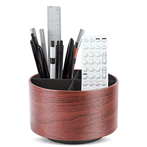 Round Leather Art Supply Organizer,Remote Control Holder,360 Degree Spinning,Multi-Functional Pencil Holder,4 Compartments Desktop Stationary Organizer(1-Light Brown2) - color: 1-Light Brown2