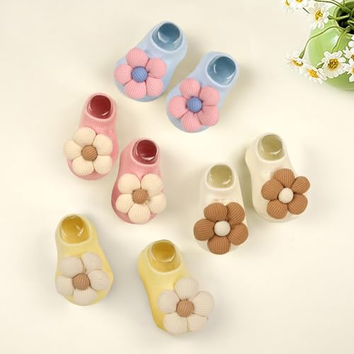 4Packs Baby Girls Socks,Flower Non-Slip Grips for Babies Toddler Princess - color: Pink Light Bule Off White Yellow