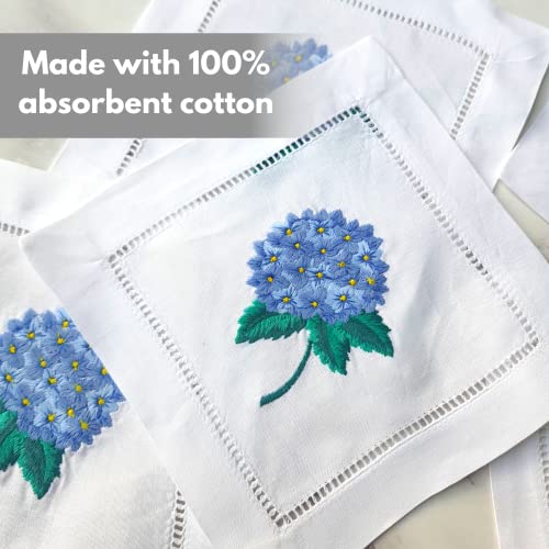 HCRAFT Embroidered Cocktail Napkins, Hydrangea Cloth Napkin Coasters 6x6 in