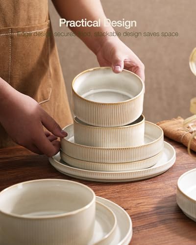 Famiware Star Stoneware Dinnerware Sets for 8, Reactive Glaze Plates, Bowls - color: Cappuccino White