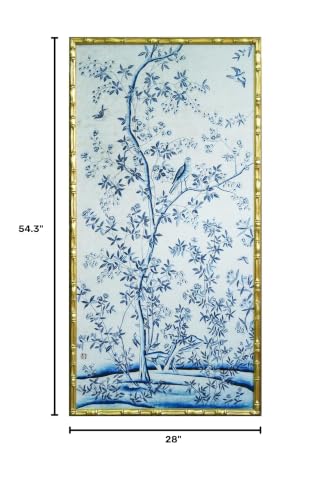 HongFengtang Chinoiserie Bamboo Wall Art Print, Hand Painted Style Vintage Chinese Flower & Bird Painting, HD Printed on Art Rice Paper, Antique Oriental Wall Decor for Home Living Room, 54.3 X 28 Inches (BRIGHTGOLD LB) - color: BRIGHT LB, size: 54.3"L x
