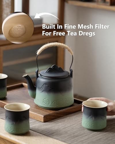 ZENS Japanese Teapot Set with 4 Cups, 33.8oz Loose Leaf Clay Teapot - color: Black & Pea Green, size: 33.8oz Teapot&4 of 8oz Cups