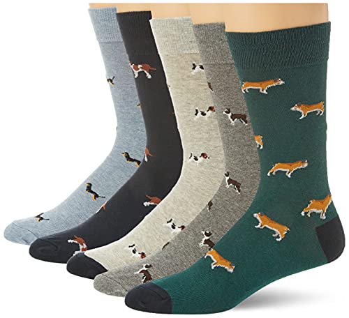 Amazon Essentials Men's Patterned Cotton Dress Crew Socks, 5 Pairs - color: Doggo, size: 8-12