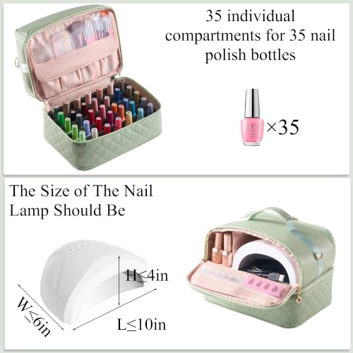 CTWWFS Nail Polish Organizer Holds 35 Bottles & Nail Lamp, Nail Organizers and Storage, Double Layer Nail Bag with Handle & Shoulder Strap for Travel, Nail Supplies Organizer for Manicure Kit (Green) - color: Green (35Bottles）