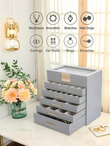 BOOVO Jewelry Boxes for Women, White and Black 6 Layer Large Jewelry Box for Necklace, Bracelet, Earrings, Rings Storage, Jewelry holder Organizer for Girls Gift (Grey, 6 layer) - color: Grey, size: 6 layer