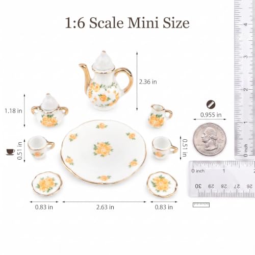 Miniature Tea Set 1/6 Scale Dollhouse Accessories Porcelain Yellow Rose - color: Yellow