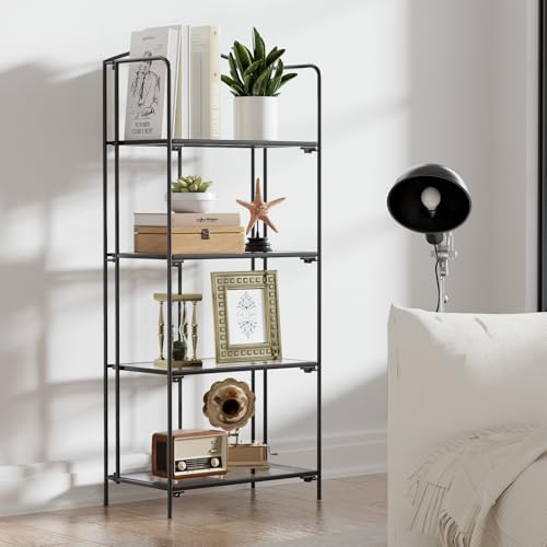 Crofy 4-Tier Foldable Bookshelf, Black Frame & Transparent Shelves - color: Black Frame & Transparent Shelf, size: 4 Tier