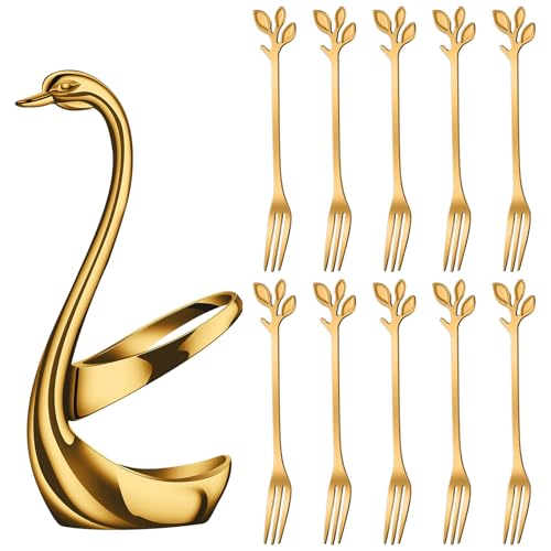 AnSaw Gold Swan Base Holder Set with 10-pcs Mini Leaf Dessert Forks-4.7" - color: Gold Swan