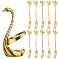 AnSaw Gold Swan Base Holder Set with 10-pcs Mini Leaf Dessert Forks-4.7" - color: Gold Swan