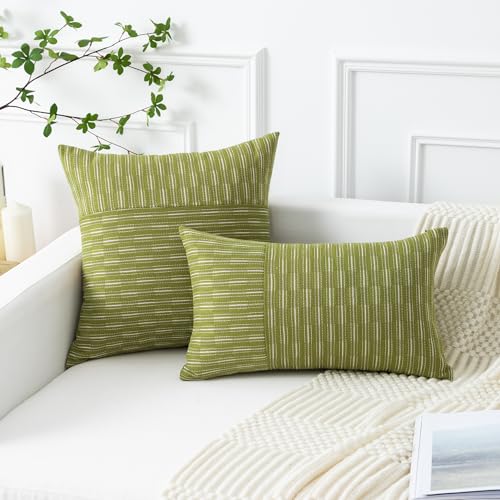 Kevin Textile Light Green and Beige Farmhouse Striped Patchwork Linen Spring Decorative Throw Pillows Covers 18x18, Set of 2, Modern Accent Square Cushion Covers for Couch Chair Bedroom Decorations - color: Light Green, size: 18" x 18" (Pack of 2)