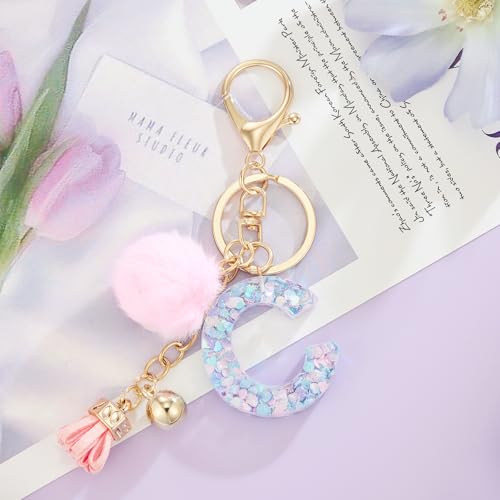 Resin Alphabet Initial Letter Keychain Keyring for Women Purse Handbags With Fur Ball Pom - color: Pink Fur Ball Letter C
