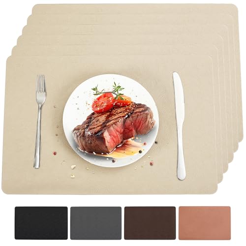 Beige Vinyl Placemats Set of 6 Waterproof Wipeable Table Mats - color: Beige