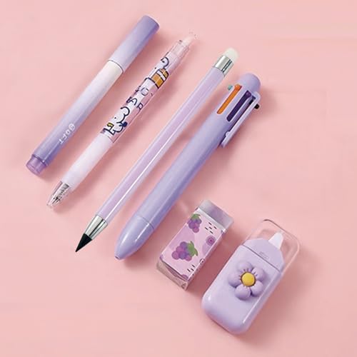 MOZXIRZ 6 Pcs Cute Purple Stationery Set for Women Back to School Supplies Office Supplies Including Gel Ink Pens 6-in-1 Ballpoint Pens Pencil Eraser (Purple) - color: Purple