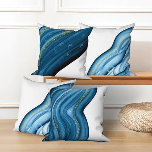 Abstract Fluid Throw Pillow Cover Blue Ocean Art Natural Luxury Gold Sequins Halo Modern Aesthetic Linen Square Cushion Covers for Outdoor Couch Sofa Bedroom Home Car 26x26 Inch Set of 4 - color: Blue, size: 26" x 26" (Pack of 4)