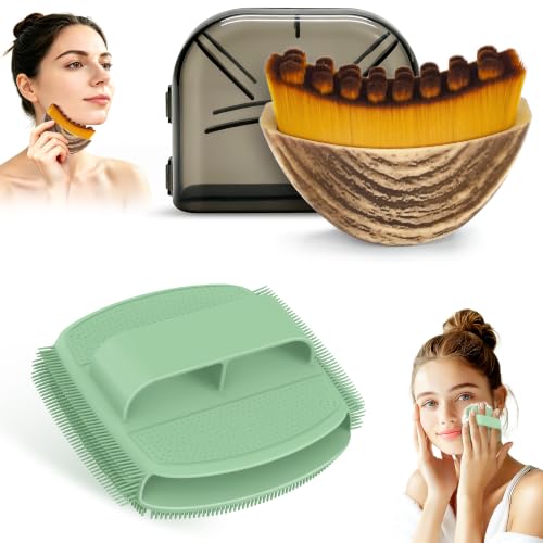 Silicone Face Scrubber & Lymphatic Contour Face Brush Set, Soft Facial Brush with Unique Side-Bristle for Gentle Exfoliating & Deep Cleansing, Lymphatic Drainage Massager for Sculpting(Green) - color: Greenset