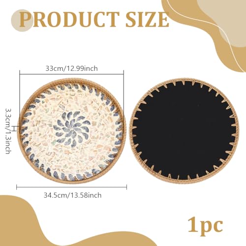 AHANDMAKER 1Pc Large Rattan Serving Tray with Mother of Pearl Boho Round Decorative Tray 14 Inches Diameter for Table Decor Home Decor Kitchen Island Serving and Display