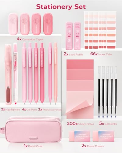 Four Candies Cute Aesthetic Pink School Supplies Kit for Girls - color: Pink
