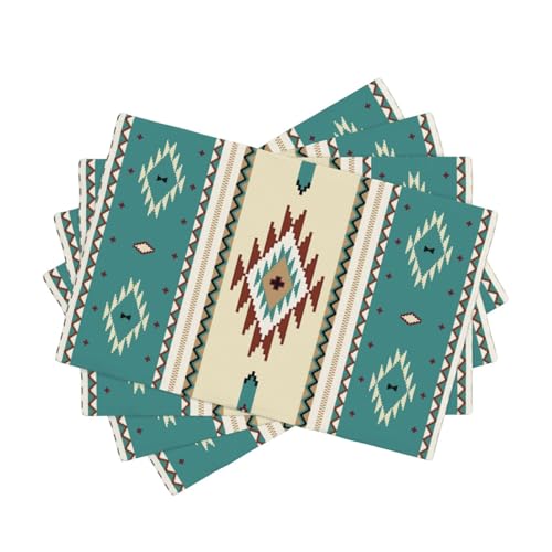 Aztec Washable Place Mats,Ethnic Southwestern Mexican Native Indian Green Placemats Set of 4 Linen Dinner Mats Kitchen Dining Room Party 12"x18" - color: Aztec 12, size: 12x18"Placemats x4