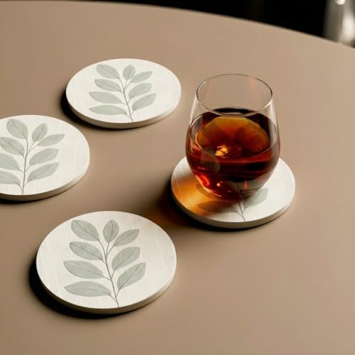 VEYRO Ceramic Coasters Set of 6 or 4 – Absorbent Stone Drink Coasters with Holder, Non-Slip Cork Backing, Modern Marble Look Coasters for Coffee Table, Desk & Home Decor (Leaves 3, Set of 4) - color: Leaves 3, size: Set of 4