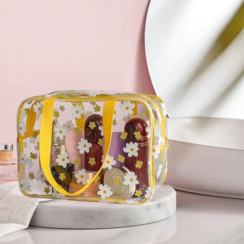Flower Makeup Bag - Clear Printable Vinyl Cosmetic Pouch,11.81x4.3x8.26inches Waterproof Small Clear Gift Bags for Travel & Organizer (Yellow+White Flowers) - color: Yellow+White Flowers