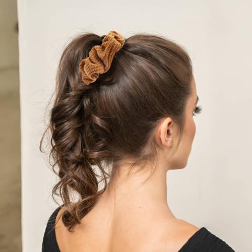 Scrunchies for Women's Hair 6Pcs Large Brown Knit Fuzzy Scrunchies for Long Thick Curly Hair Ultra Textured Soft Hair Bands Neutral Scrunchie Cute Ponytail Holders No Damage Elastic Hair Ties - color: Brown(A) 6PCS