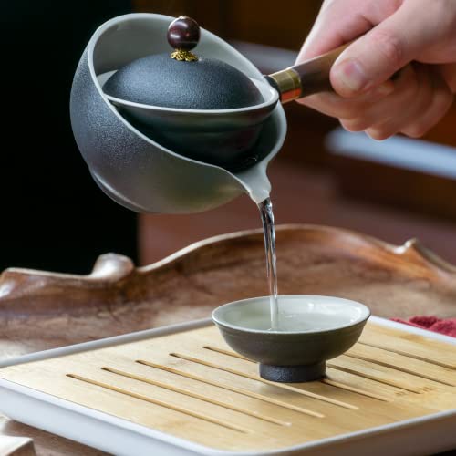 LURRIER Porcelain Chinese Gongfu Tea Set,Portable Teapot Set with 360 Rotation Tea maker and Infuser,Portable All in One Gift Bag for Travel,Home,Gifting,Outdoor and Office (Black) - color: Black