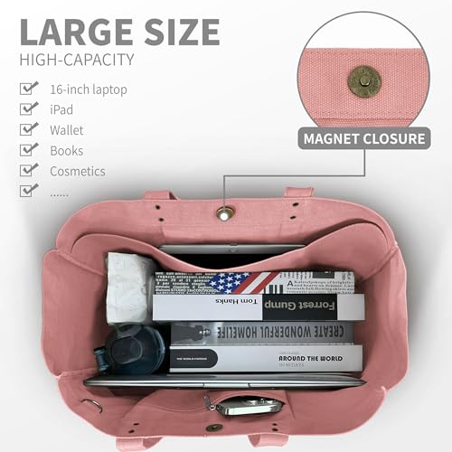 HOMESPON Large Canvas Tote Bag, Magnetic Work Laptop Pack for Women - color: Pink