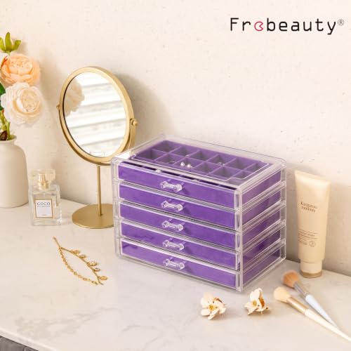 Frebeauty Acrylic Jewelry Box for Earrings,Jewelry Organizer with 5 Drawers - color: Purple