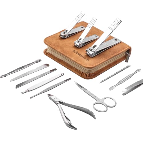 FAMILIFE Manicure Set, Nail Professional Kit Manicure Kits Nail Clipper Sets, 13PCS Stainless Steel Pedicure Sets Mens Grooming Tool, with Brown Leather Travel Case for Men - color: Bright Silver