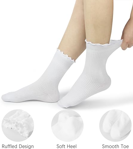 BomKinta Ruffle Socks Women Turn-Cuff Frilly Sock Cotton Crew Socks - color: All White