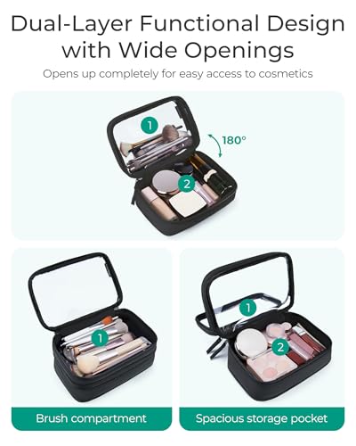 BAGSMART Double Layer Clear Makeup Bag, TSA-Approved Toiletry Bag, Large Opening with Handle, Cute Water-Resistant Travel Cosmetic Bag with Double Zipper for Car Essentials(Black) - color: Black, size: Large