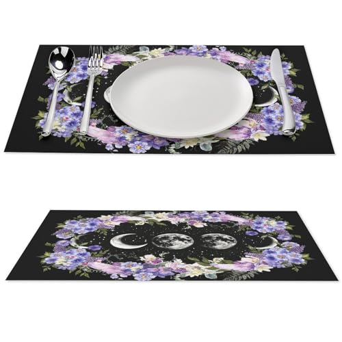 Boho Floral Witchy Moon Phase Purple Placemats Set of 4, 12x18 Inch - color: Pm-floral Moon01, size: 4pcs